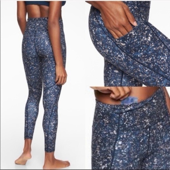 Athleta Salutation Stash Pocket Tight Leggings Women Tan Blue Navy Size XS - Picture 1 of 5